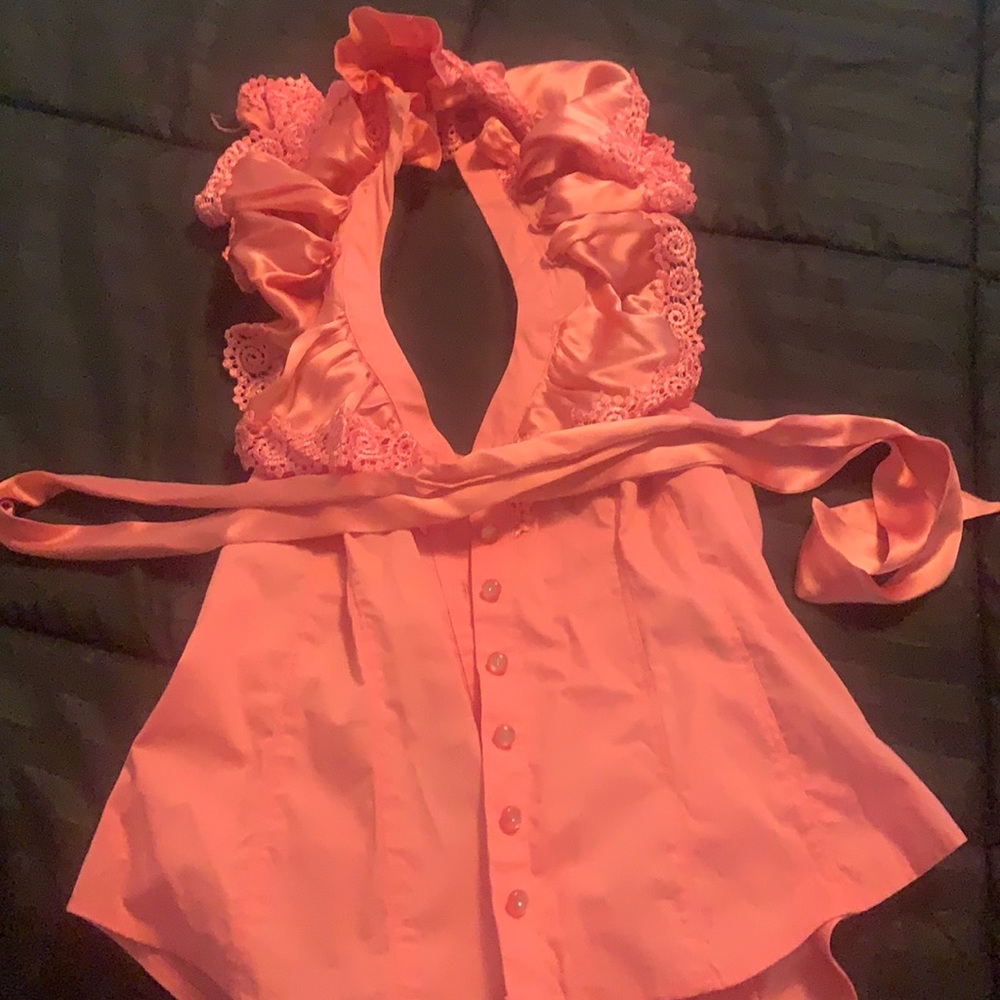 Pink halter frilly around the neck